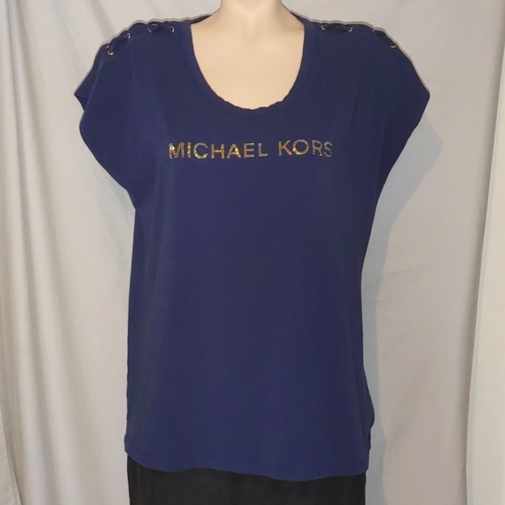 Michael Kors navy and gold studded logo top